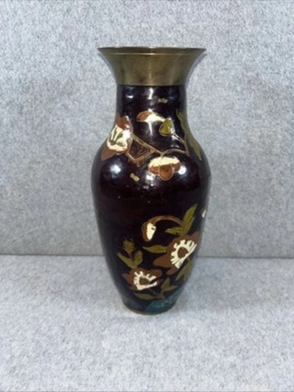 Vintage Brass Vase made in India Brown Floral 10”x 4”